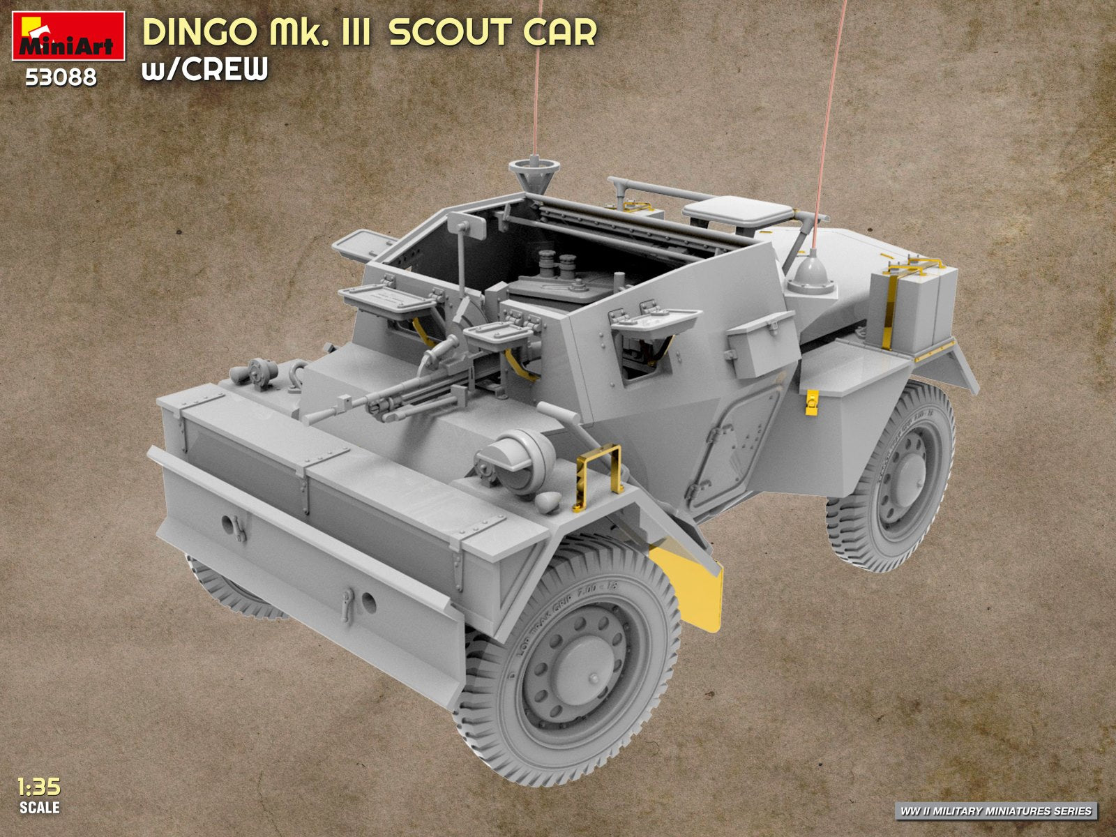 Foto frontal de la maqueta del vehículo británico de exploración Dingo MkIII en escala 1:35 de Miniart referencia 53088