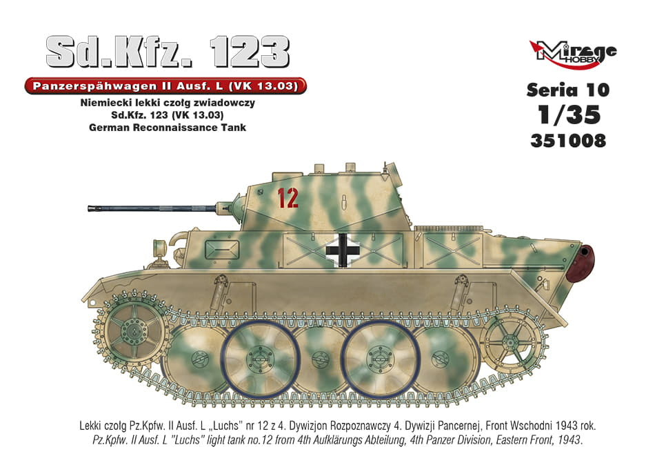 Decoración de la maqueta del tanque ligero de exploración alemán Panzer II Luchs en escala 1:35 de Mirage Hobby referencia 351008