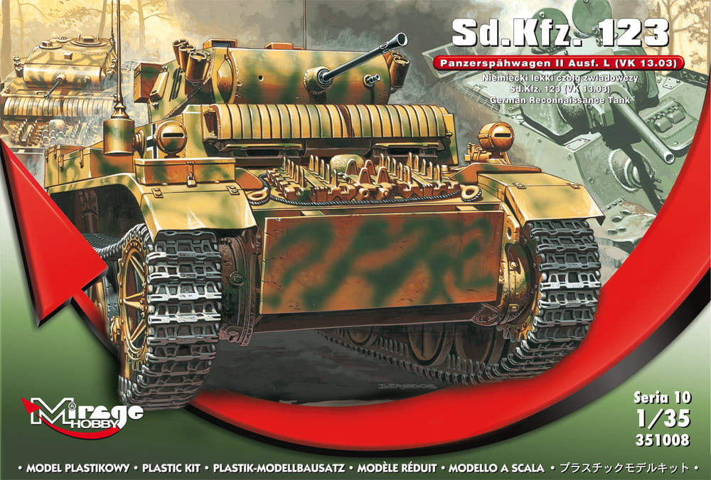 Portada de la caja de la maqueta del tanque ligero de exploración alemán Panzer II Luchs en escala 1:35 de Mirage Hobby referencia 351008
