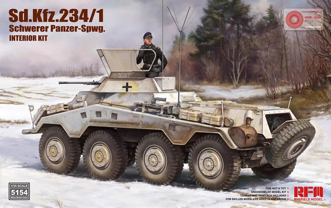 Portada de la caja de la maqueta del vehículo de exploración alemán Sd.Kfz. 234/1 en escala 1:35 de RFM referencia 5154