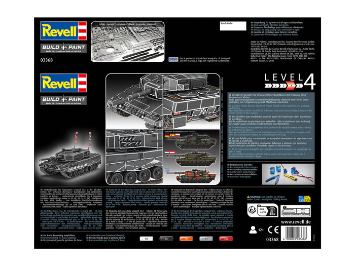 Contraportada de la caja de la maqueta del carro de combate Leopard 2A4 conmemorativa del 40 aniversario en escala 1:35 de Revell referencia 03368