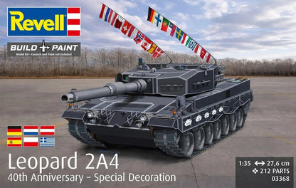 Portada de la caja de la maqueta del carro de combate Leopard 2A4 conmemorativa del 40 aniversario en escala 1:35 de Revell referencia 03368