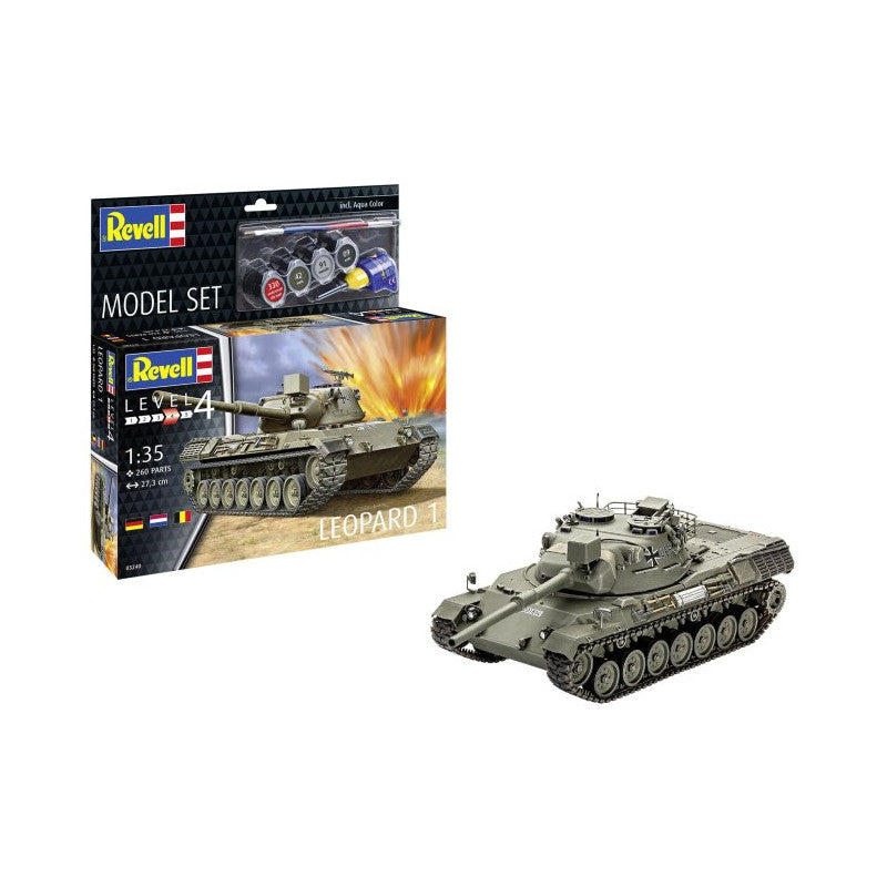 Model set del tanque de batalla alemán Leopard 1 en escala 1:35 con pinturas, pincel y pegamento de Revell referencia 63240