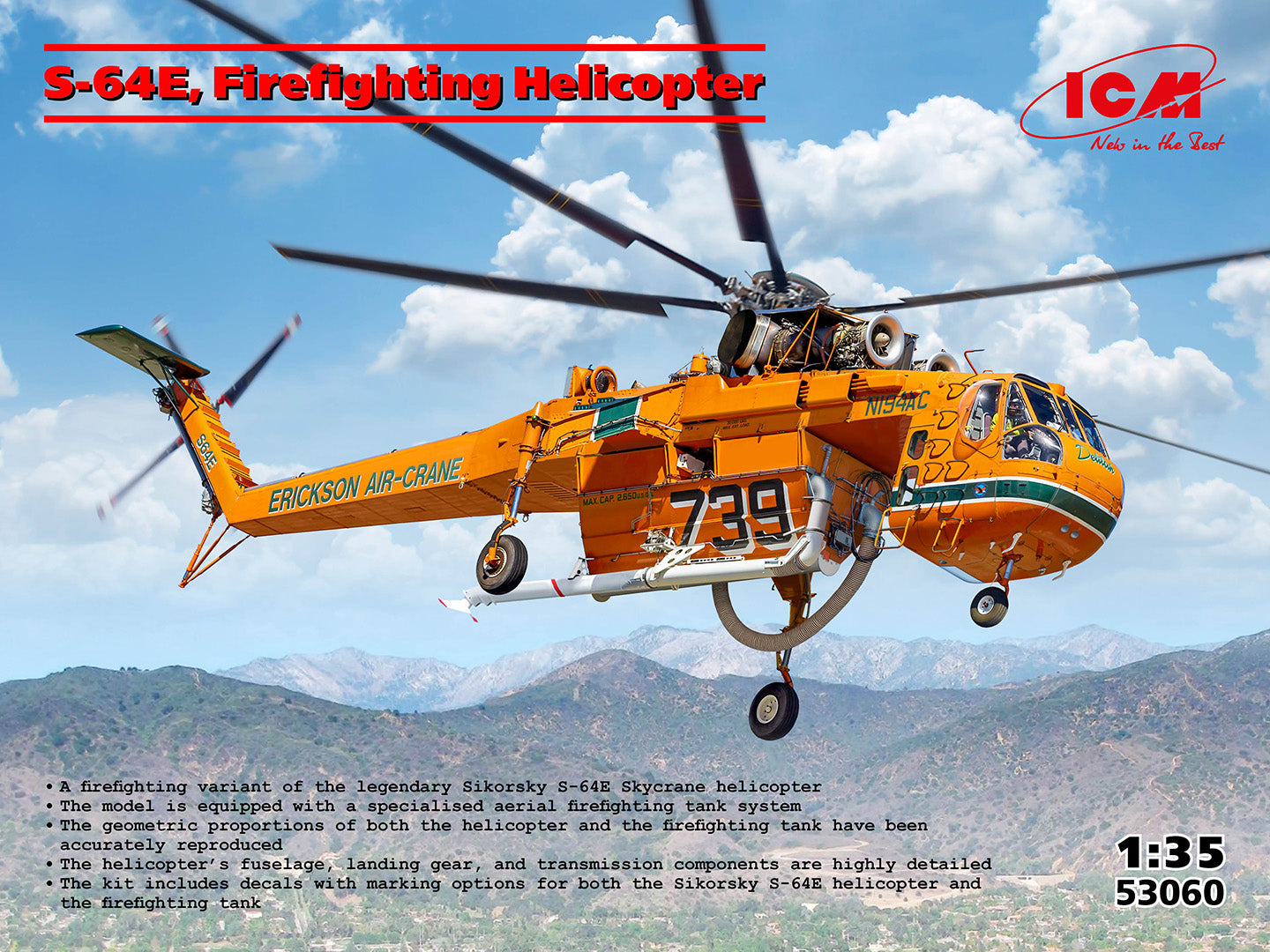 Portada de la caja de la maqueta del helicóptero contra incendios S-64E en escala 1:35 de ICM referencia 53060