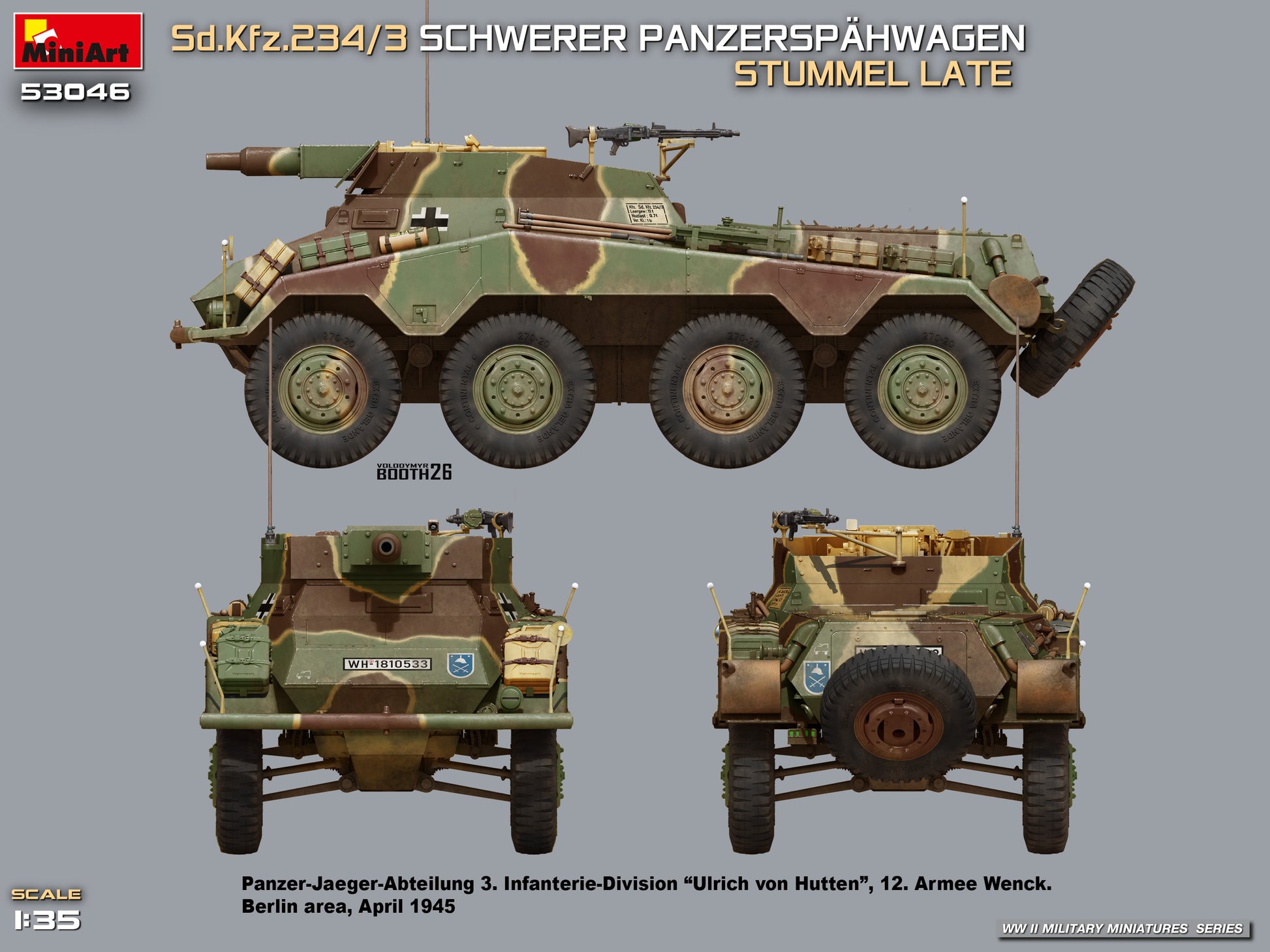Decoración 1 de la maqueta del vehículo alemán Sd.Kfz.234/3 Stummel de versión tardía en escala 1:35 de Miniart referencia 53046