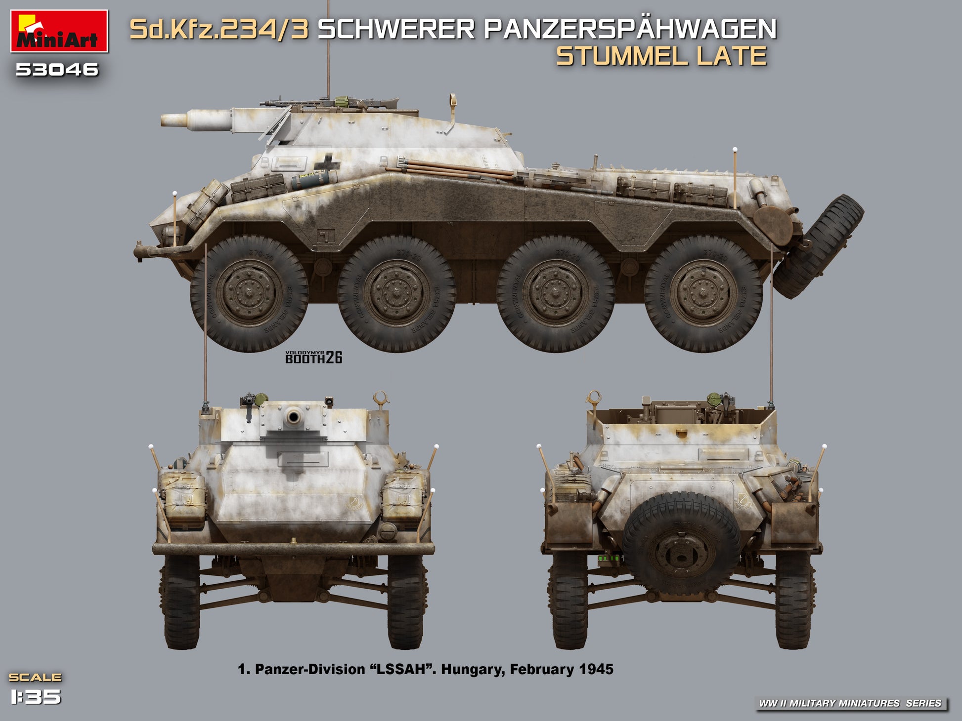 Decoración 2 de la maqueta del vehículo alemán Sd.Kfz.234/3 Stummel de versión tardía en escala 1:35 de Miniart referencia 53046