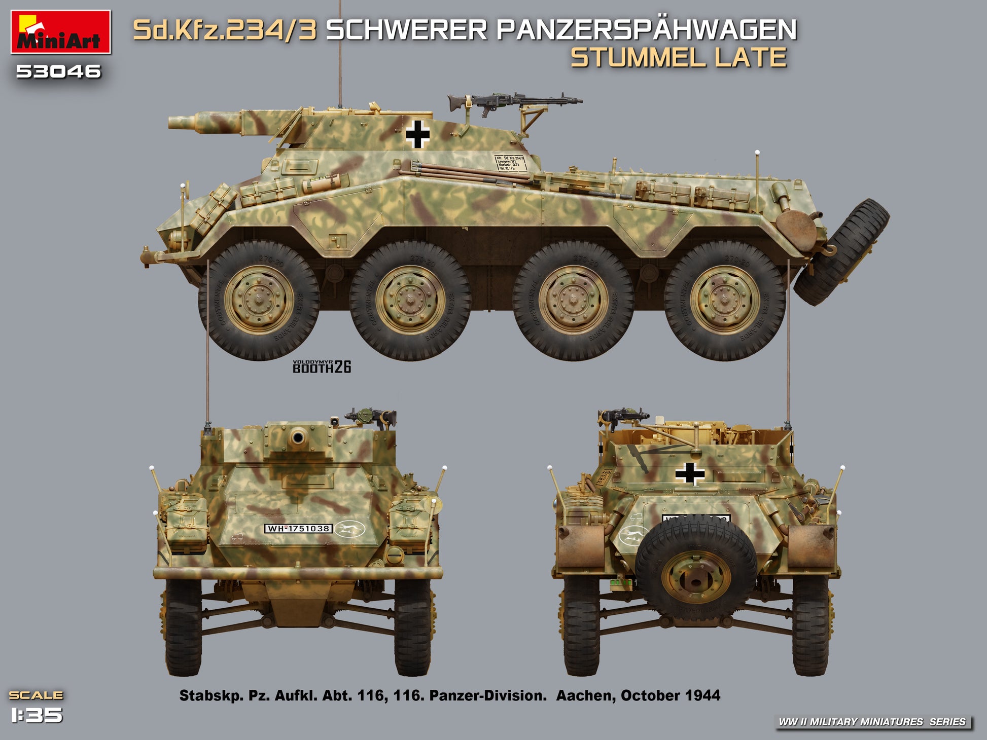 Decoración 3 de la maqueta del vehículo alemán Sd.Kfz.234/3 Stummel de versión tardía en escala 1:35 de Miniart referencia 53046