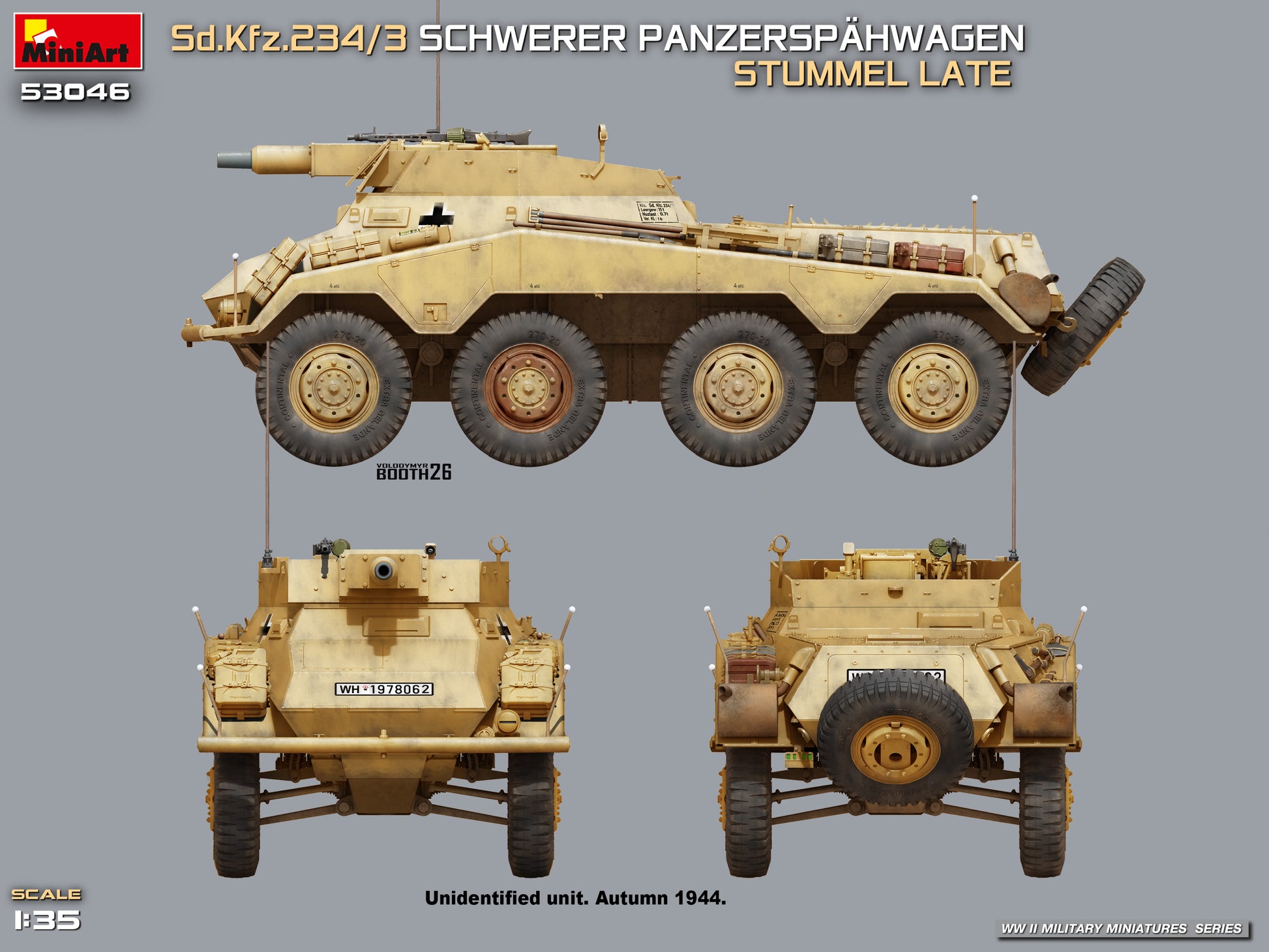 Decoración 4 de la maqueta del vehículo alemán Sd.Kfz.234/3 Stummel de versión tardía en escala 1:35 de Miniart referencia 53046