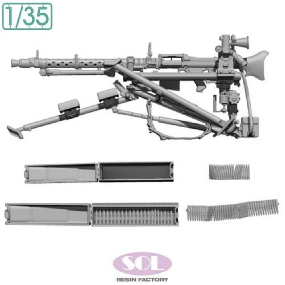 Piezas del set de ametralladora con típode Laffete en configuración baja en escala 1:35 de Sol Model referencia MM999