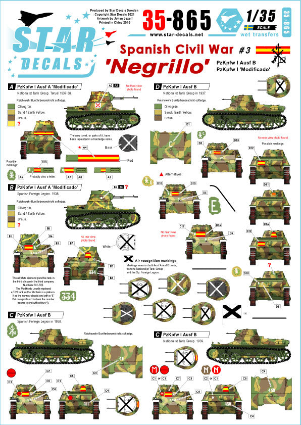 Decoraciones 1 del set de calcas para maquetas del tanque ligero Pz I Ausf A Negrillo Modificado en escala 1:35 del bando nacional durante la Guerra Civil de Star Decals referencia 35-C 865