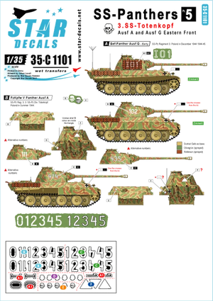 Set de calcas para maquetas del carro de combate Panther Ausf A y G de la división SS Totenkopf  en escala 1:35 de Star Decals referencia 35-C1101 