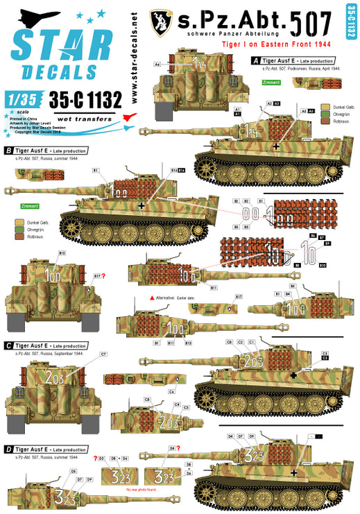 Set de calcas para carro Tiger I del batallón de carros pesados 507 en el frente del este en escala 1:35 de Star Decals referencia 35 C1132