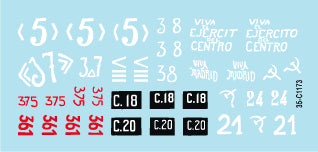 Detalle del set de calcas para maquetas del tanque ruso T-26 modelo 1933 en escala 1:35 del bando republicano durante la Guerra Civil de Star Decals referencia 35-C 1173