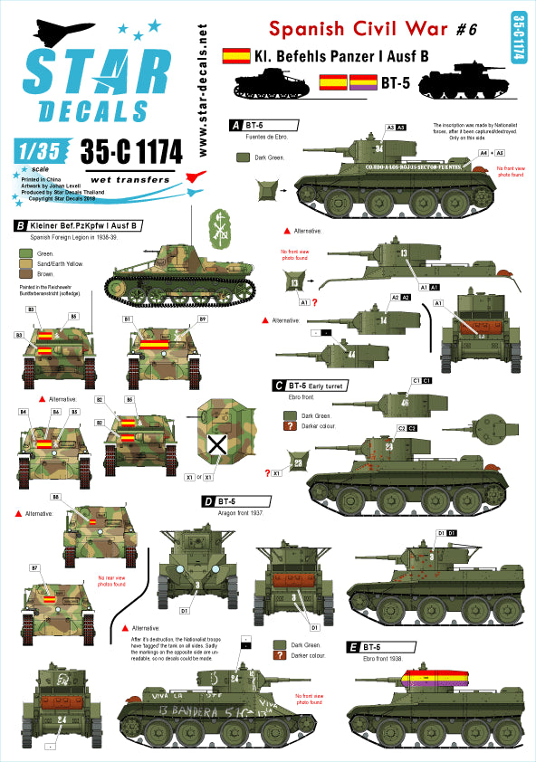 Decoraciones 1 del set de calcas para maquetas de los carros Pz I y BT-5 en escala 1:35 durante la Guerra Civil española en ambos bandos de Star Declas referencia 35-C 1174