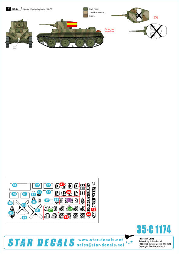 Decoraciones 2 del set de calcas para maquetas de los carros Pz I y BT-5 en escala 1:35 durante la Guerra Civil española en ambos bandos de Star Declas referencia 35-C 1174