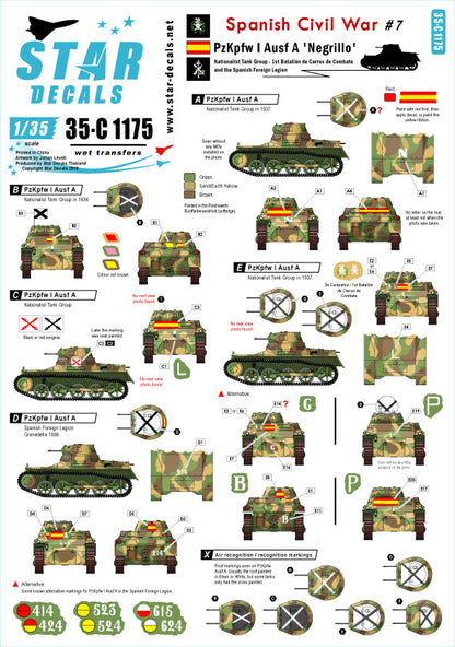 Decoraciones del set de calcas para maquetas del tanque ligero Pz I Ausf B en escala 1:35 del bando nacional durante la Guerra Civil de Star Decals referencia 35-C 1175