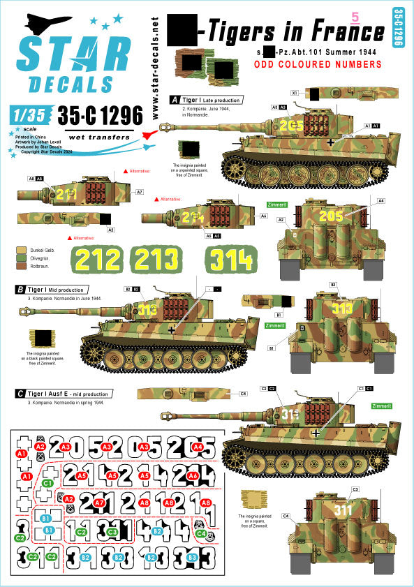 Set de calcas dpara carros de combate Tiger I del batallón de carros pesado 101 de las SS durante la campaña de Francia en agosto de 1944 en escala 1:35 de Star Decals referencia 35-C1296