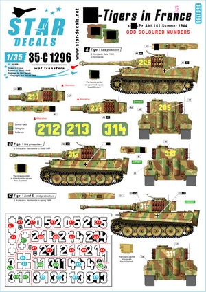 Set de calcas dpara carros de combate Tiger I del batallón de carros pesado 101 de las SS durante la campaña de Francia en agosto de 1944 en escala 1:35 de Star Decals referencia 35-C1296