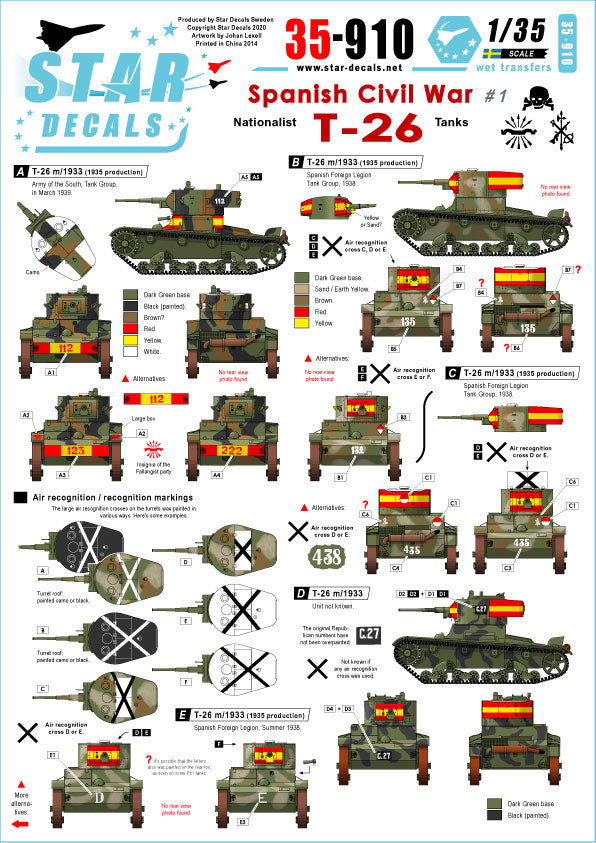 Decoraciones 1 del set de calcas para maquetas del tanque ligero T-26 en escala 1:35 del bando nacional durante la Guerra Civil de Star Decals referencia 35-C 910