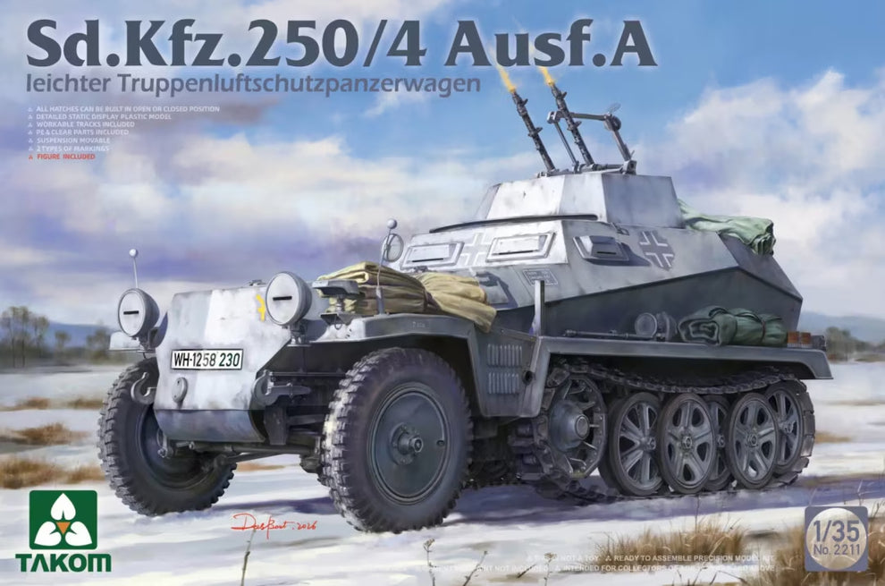Portada de la caja de la maqueta del vehículo de transporte de tropas ligero alemán Sd.Kfz. 250/4 en versión antiaérea y escala 1:35 de Takom referencia 2211