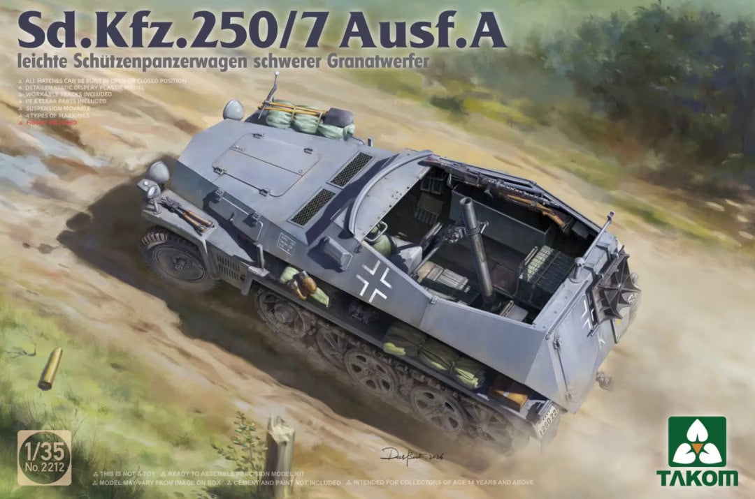 Portada de la caja de la maqueta del vehículo de transporte de tropas ligero alemán Sd.Kfz. 250/7 en versión mortero y escala 1:35 de Takom referencia 2212