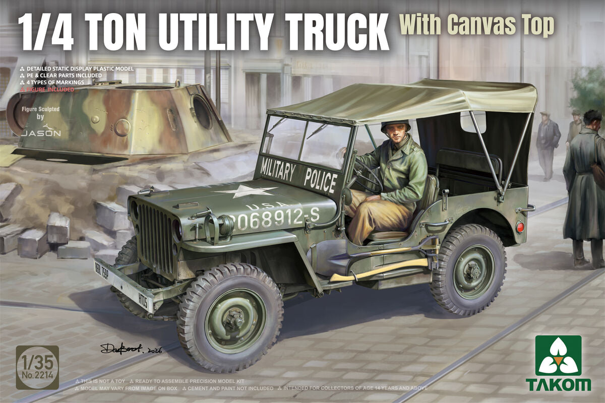 Portada de la caja de la maqueta del Jeep Willys norteamericano en escala 1:35 de Takom referencia 2214