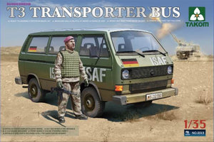 Foto de la caja de la portada del minibús alemán Volkswagen T3 Transporter con figura en escala 1:35 de Takom referencia 2013