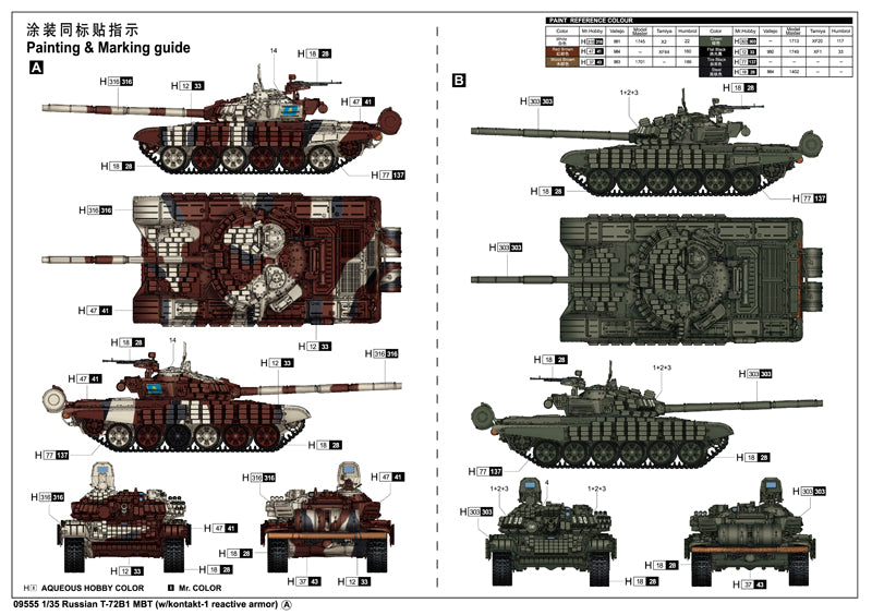 Decoraciones 1 de la maqueta del carro de combate ruso T-72B1 con blindaje Kontackt en escala 1:35 de Trumpeter referencia 09555