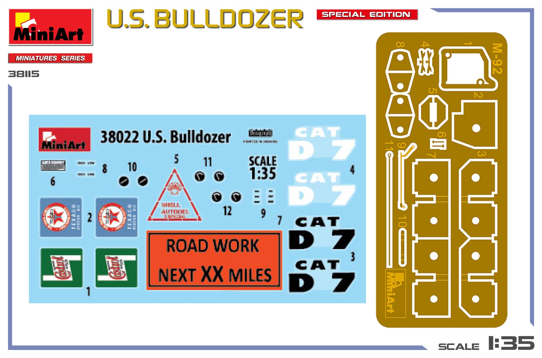 Fotograbados y calcas incluidos en la maqueta del US Bulldozer en escala 1:35 de Miniart referencia 38115