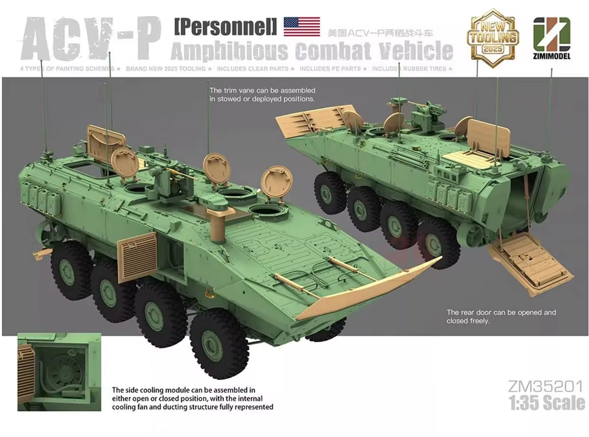 Detalles de las distintas piezas móviles de la maqueta del vehículo blindado de personal anfibio norteamericano ACV-P en escala 1:35 de Zimi Models referencia 35201