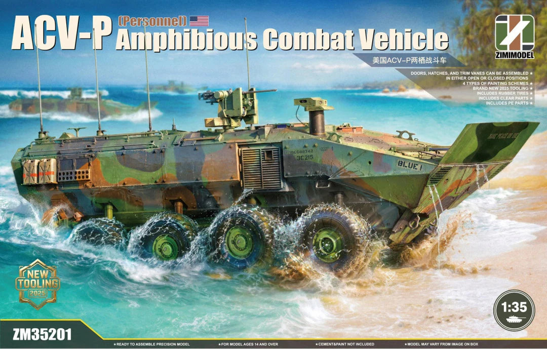 Portada de la caja de la maqueta del vehículo blindado de personal anfibio norteamericano ACV-P en escala 1:35 de Zimi Models referencia 35201