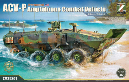 Portada de la caja de la maqueta del vehículo blindado de personal anfibio norteamericano ACV-P en escala 1:35 de Zimi Models referencia 35201