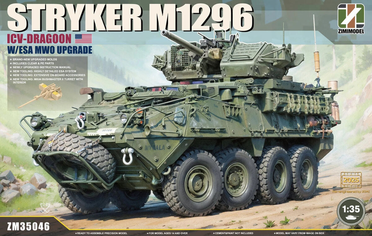 Portada de la caja de la maqueta del IFV norteamericano M1296 Stryker con ICV Dragon en escala 1:35 de Zimi Models referencia 35046