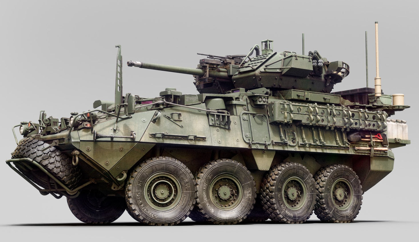 Foto frontal de la maqueta del IFV norteamericano M1296 Stryker con ICV Dragon en escala 1:35 de Zimi Models referencia 35046