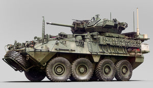 Foto frontal de la maqueta del IFV norteamericano M1296 Stryker con ICV Dragon en escala 1:35 de Zimi Models referencia 35046