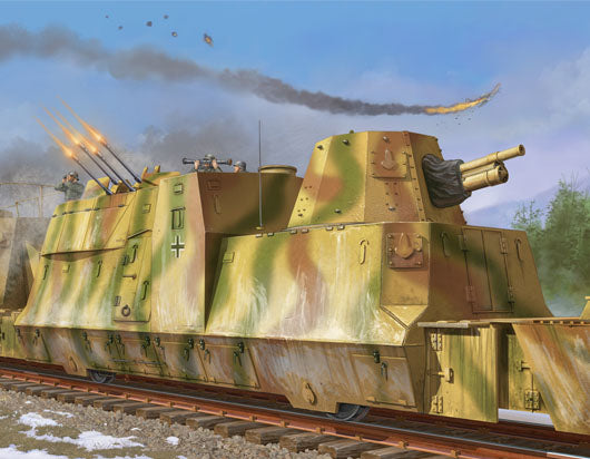 Portada de la caja de la maqueta del vagón de tren blindado alemán con cañones en escala 1:35 de Trumpeter referencia 01511