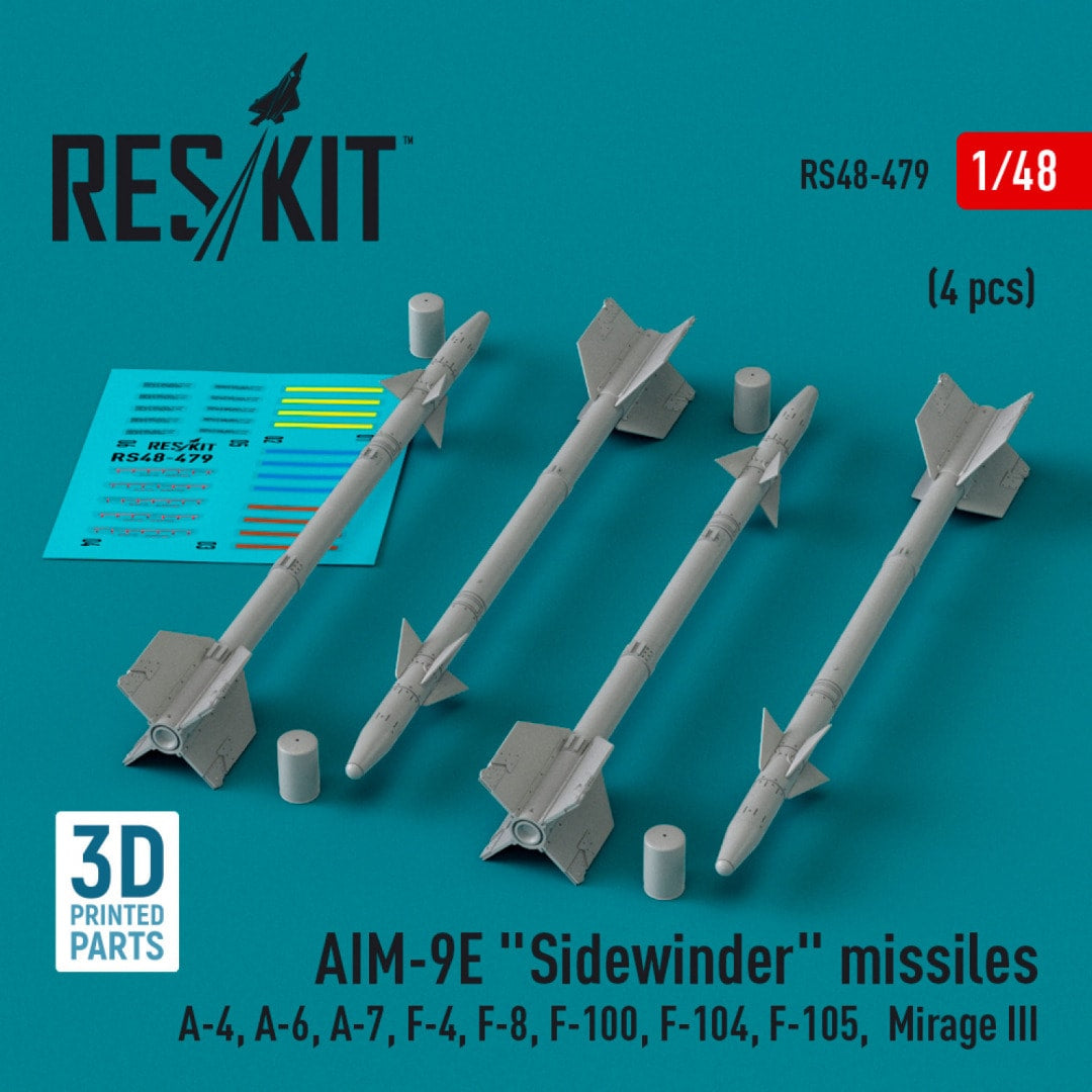 Set de 4 misiles aire aire AIM-9E Sidewinder en escala 1:48 de Reskit referencia RS48-0479