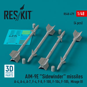 Set de 4 misiles aire aire AIM-9E Sidewinder en escala 1:48 de Reskit referencia RS48-0479