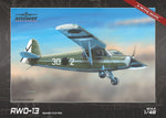 Portada de la caja de la maqueta del avión de transporte y reconocimiento polaco RWD-13 durante la guerra civil en escala 1:48 de Answer referencia A48025