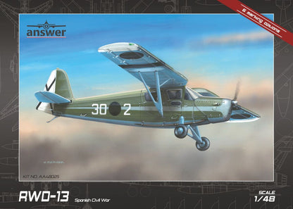 Portada de la caja de la maqueta del avión de transporte y reconocimiento polaco RWD-13 durante la guerra civil en escala 1:48 de Answer referencia A48025