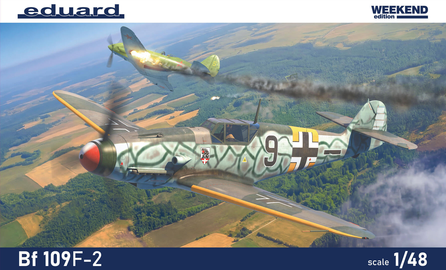 Portada de la caja de la maqueta del caza alemán Bf-109F-2 en escala 1:48 de Eduard edición Weekend referencia 84212