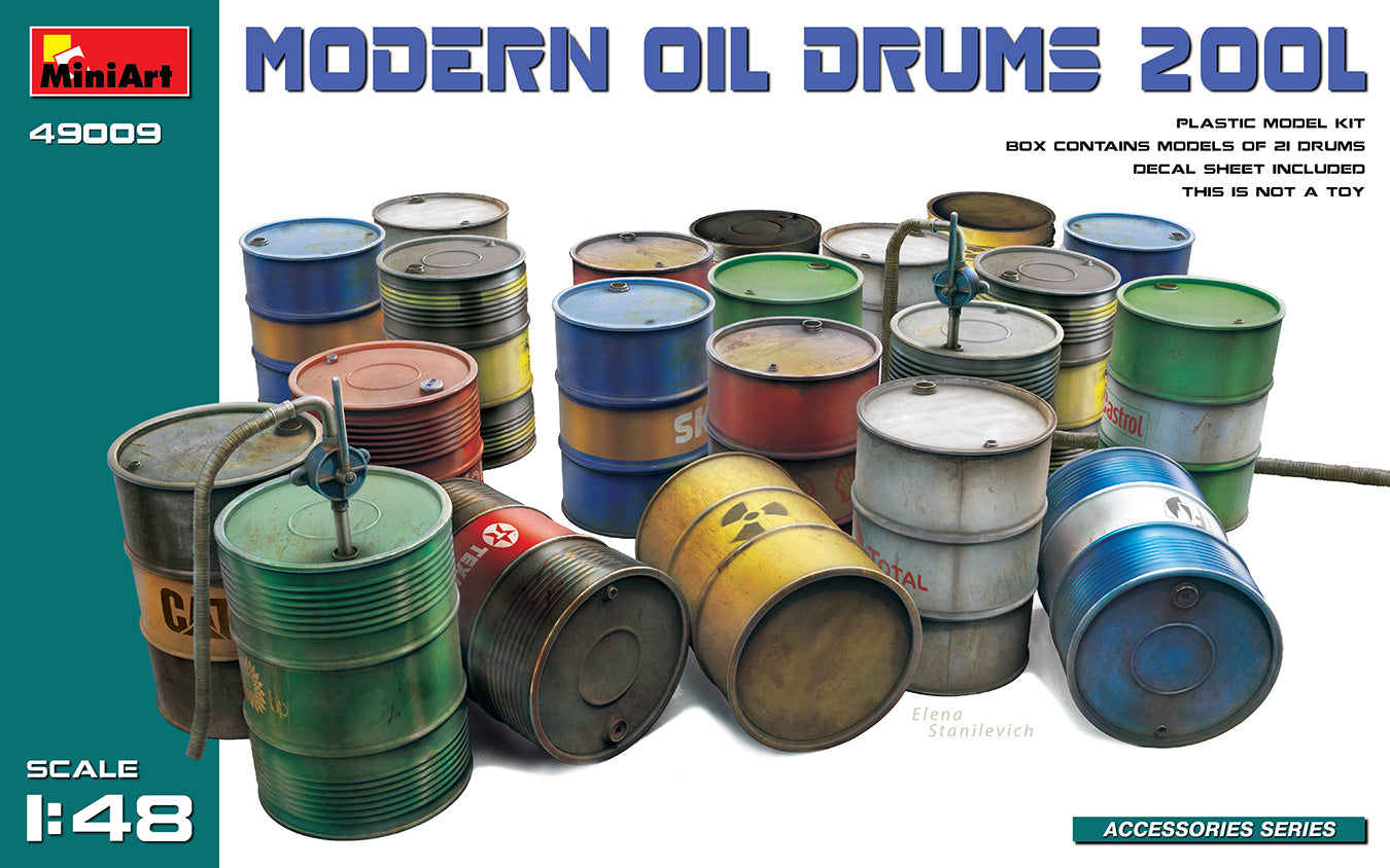 Portada del set de barriles modernos de combustible de 200 litros en escala 1:48 de Miniart referencia 49009