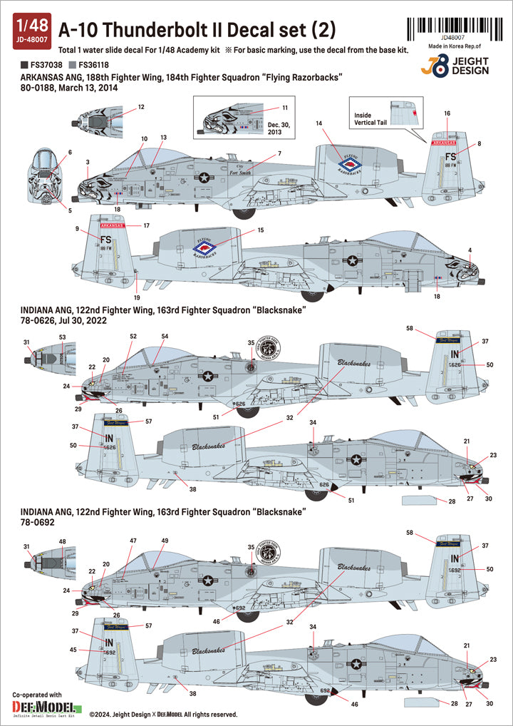 Decoraciones 1 del set de calcas para avión de ataque al suelo norteamericano A-10C en escala 1:48 de Def Model referencia JD-48007