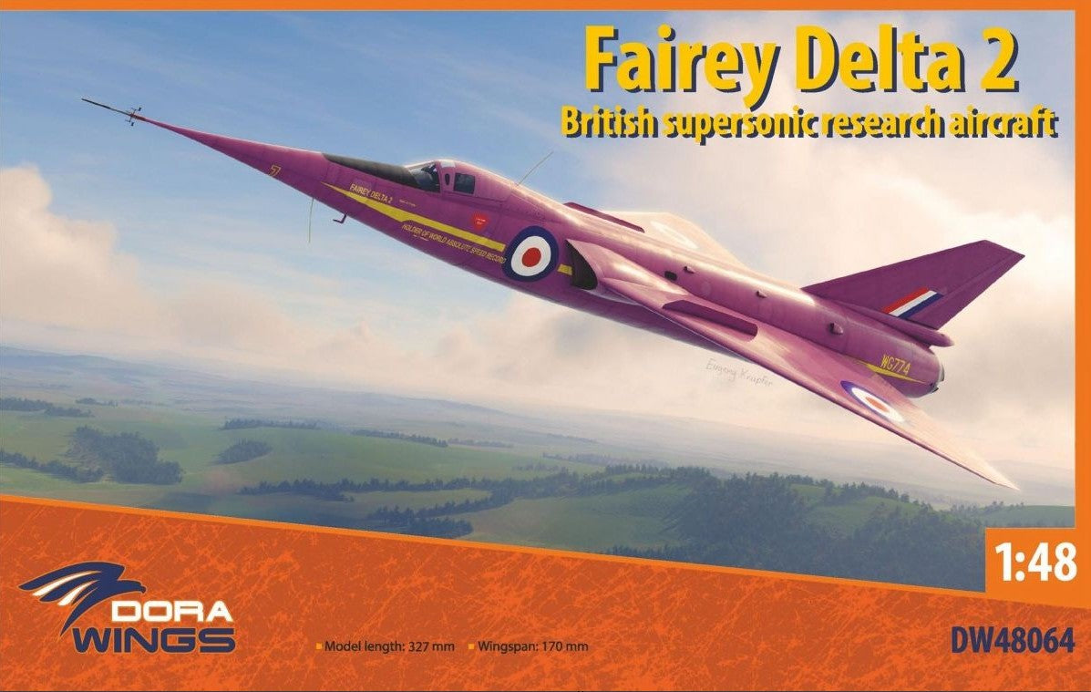 Portada de la caja de la maqueta del avión experimental supersónico británico Faery Delta 2 en escala 1:48 de Dora Wings referencia 48064