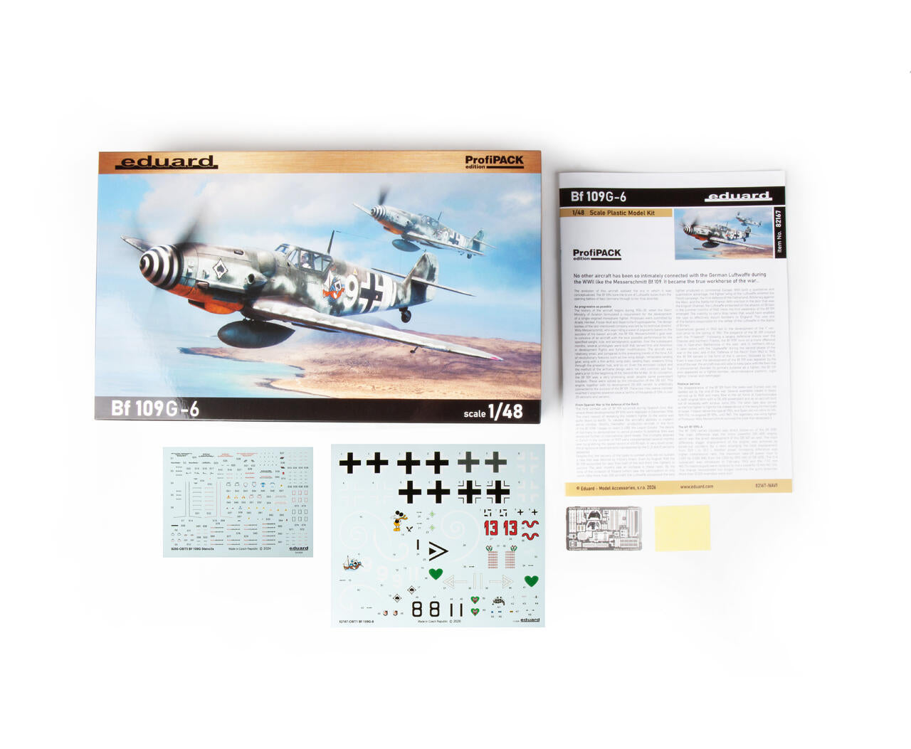 Contenido de la caja de la maqueta del caza alemán Bf 109 G-6 en escala 1:48 Edición PorfiPACK de Eduard referencia 82167