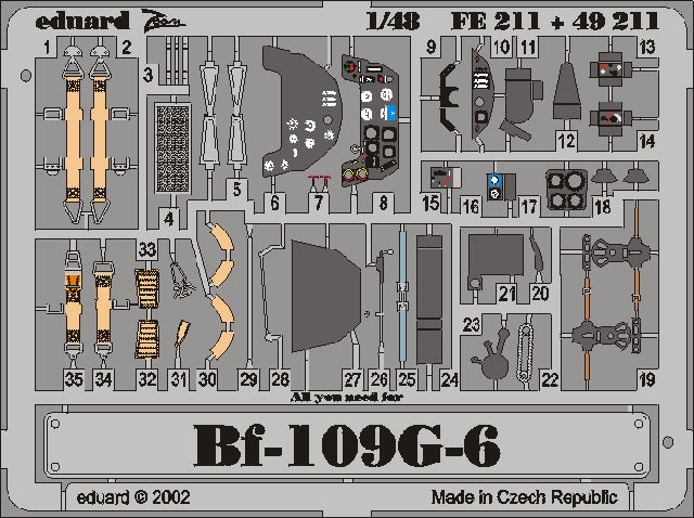 Fotograbados de los interiores de la cabina del Bf-109 G-6 de Hasegawa en escala 1:48 de Eduard referencia FE211