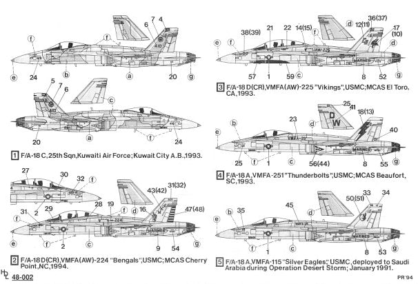 Instrucciones 1 del set de calcas para caza F/A-18 Hornet versiones A,C y D en escala 1:48 de Hi Deacl Line referencia 48-002