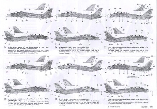 Instrucciones 1 del set de calcas para caza F-14 A Tomcat en escala 1:48 de Hi Deacl Line referencia 48-021