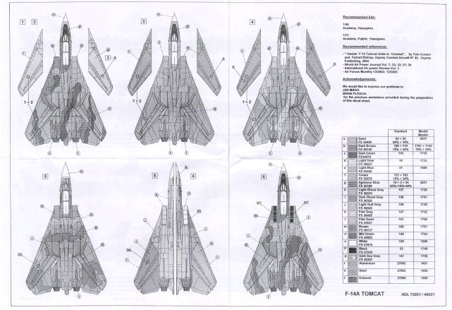 Instrucciones 2 del set de calcas para caza F-14 A Tomcat en escala 1:48 de Hi Deacl Line referencia 48-021