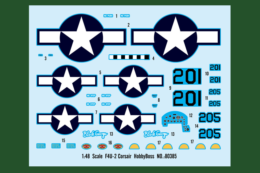Calcas de la maqueta del caza embarcado norteamericano F4U2 Corsair en escala 1:48 de Hobby Boss referencia 80835